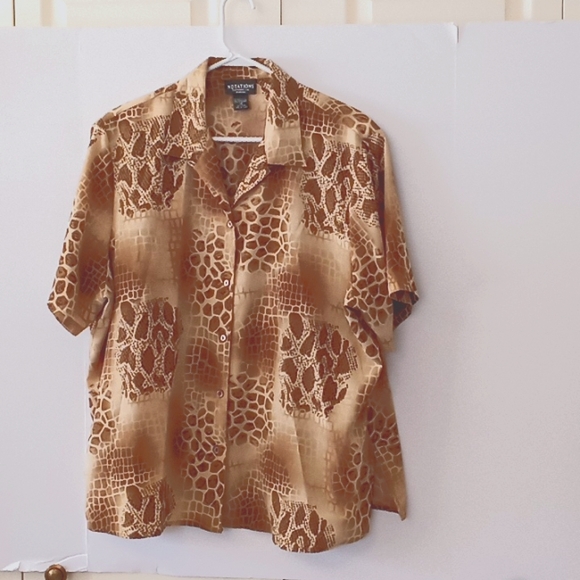 Notations Tops - Notations Short Sleeve Print Blouse - Size (2x) - Gold/Brown - Polyester